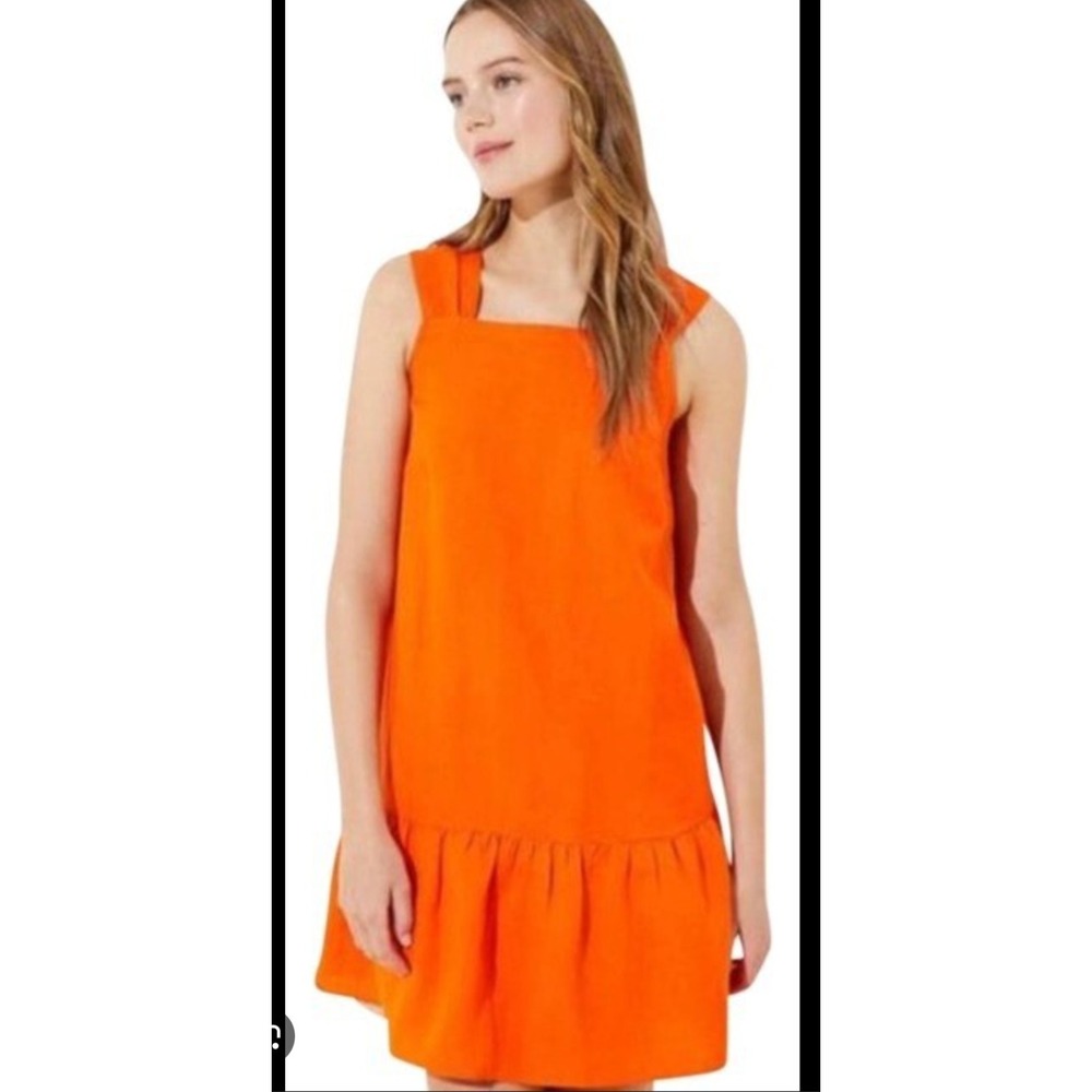 NWOT LOFT Orange Linen Blend Square Neck Sleeveless Ruffle Hem Dress XS 226